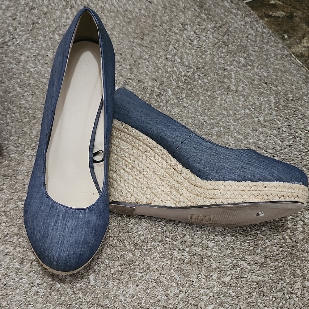 Torrid Blue and Cream Espadrille Wedges